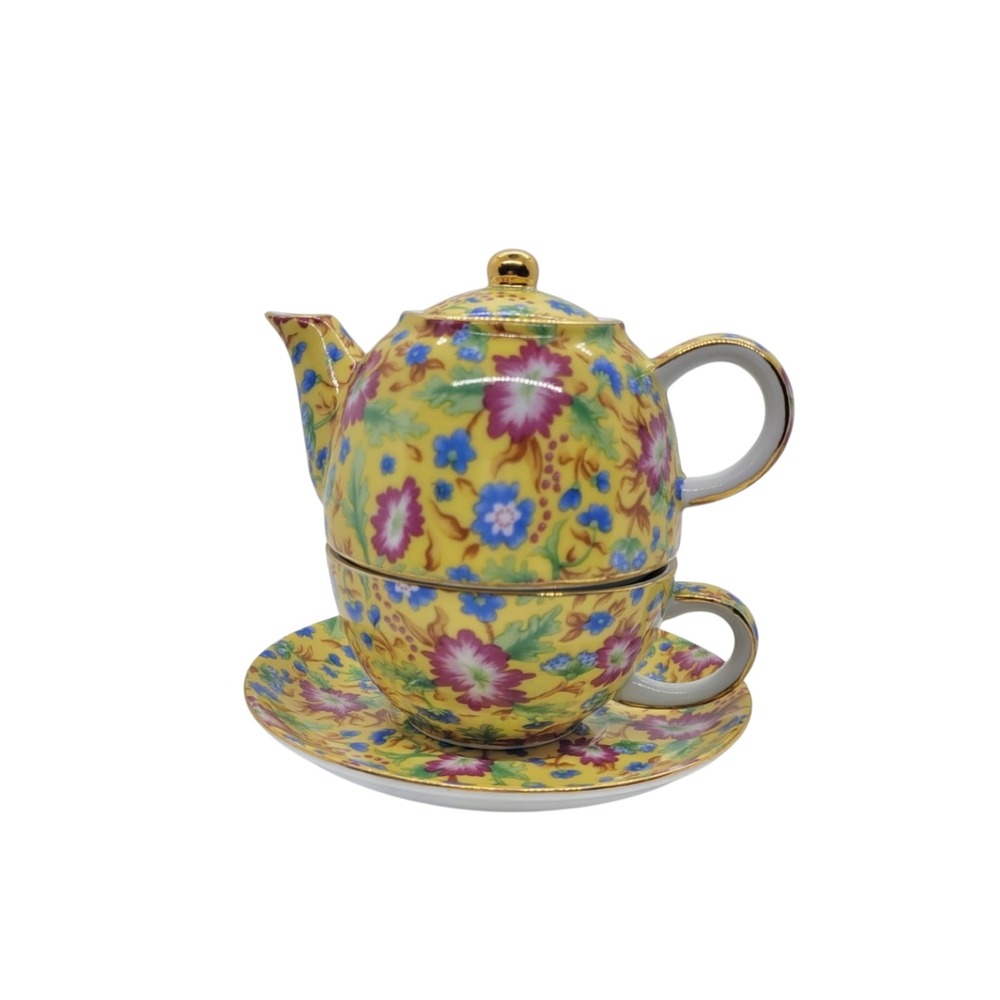Two's Company Caroline Chintz Tea For One Set Floral Porcelain Teapot Cup Saucer